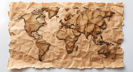 Crumpled paper world map, artifact with art drawn on rectangleの素材