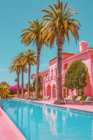 Pink house with palm trees and pool under azure skyの素材