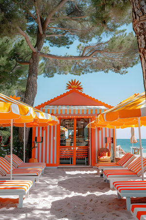 Leisure at colorful beach hut with umbrellas and chairs by natural landscapeの素材
