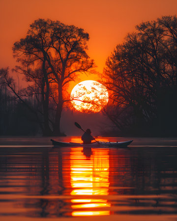 Kayaker silhouetted against the amber afterglow on the waterの素材
