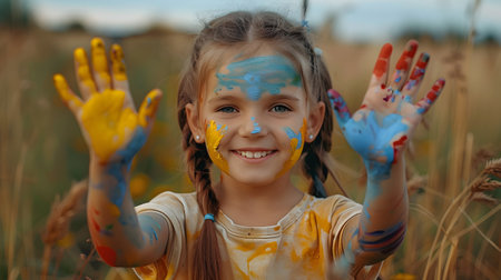 Happy child with colorful fingers playing in fieldの素材