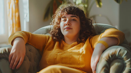 a woman in a yellow dress is sitting in a chairの素材