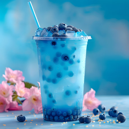 Blue drink with blueberries, ice, and a straw in a plastic cupの素材