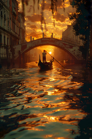 Man in boat at dusk on canal in gondola, with sunlight reflecting on waterの素材