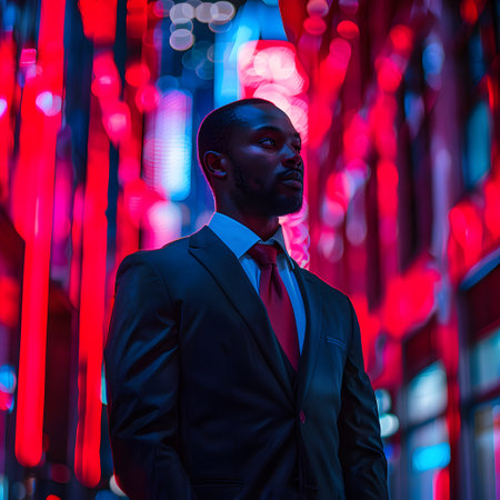 A music artist in a purple blazer and tie stands amidst magenta lightsの素材