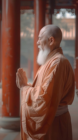 A bearded man with a bald head is praying in a templeの素材