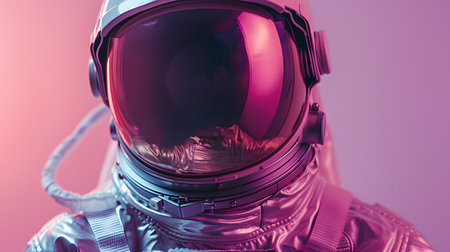 A closeup view of an astronauts helmet on a pink backgroundの素材