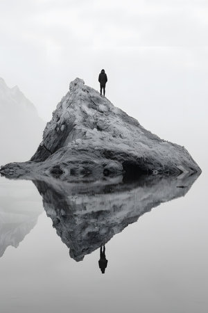 a black and white photo of a person standing on top of a rock in the waterの素材