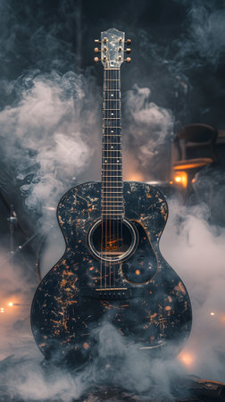 An acoustic guitar surrounded by smoke in a dark roomの素材