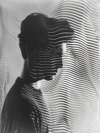 a black and white photo of a man s face with a striped backgroundの素材