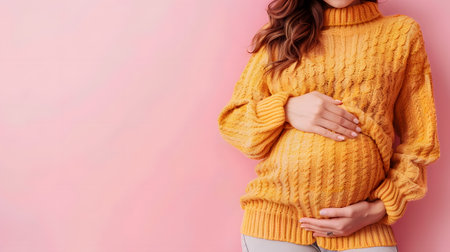 A happy pregnant woman in a yellow sweater and long hair holds her bellyの素材