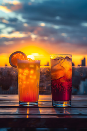 Cloudy sky above, two amber drinks on table at sunsetの素材