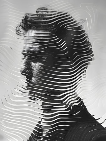 a black and white photo of a man s face with lines coming out of itの素材