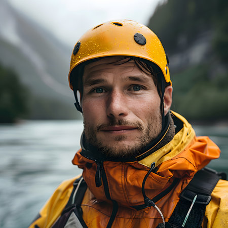 Man in yellow hard hat and orange jacket faces cameraの素材