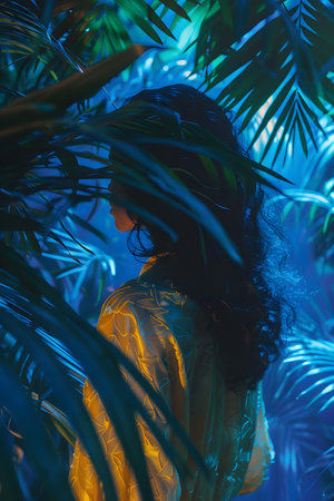 A woman stands amidst azure palm trees in a fluid jungle environmentの素材