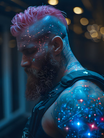 A man with pink hair and a beard has a galaxy tattoo on his armの素材