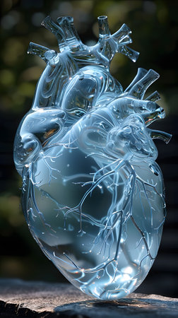 a glass sculpture of a human heart is sitting on a rockの素材