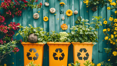 Three flowerfilled recycling bins in front of a blue fenceの素材