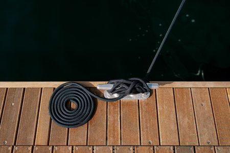 Spiral-twisted end of a black rope wrapped around a bollard lies on a wooden pier