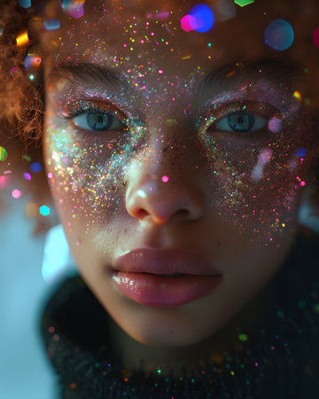 a close up of a woman s face with glitter on itの素材