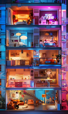 Electric blue rectangles illuminate half of building facade at nightの素材