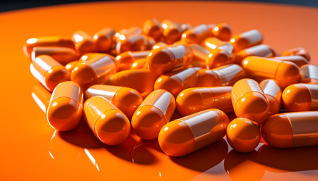 White pills on blue backgroundの素材