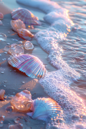 Natural shells scatter on sandy beach near electric blue ocean wavesの素材