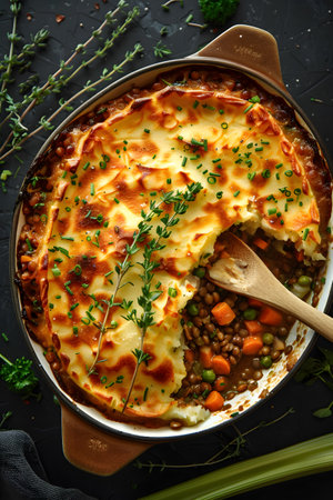 A delicious pot pie with a spoon in it and a slice already taken outの素材