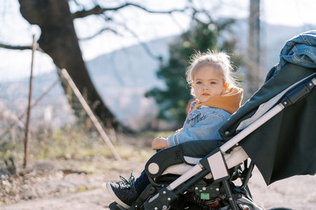Little girl sits in a stroller in the park and looks away. Side viewの写真素材