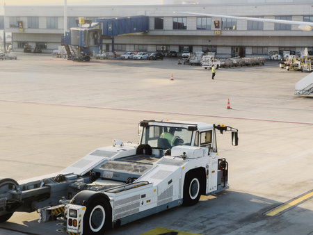 Afines, Greece - 20 august 2023: Airfield tractor pulls up to the airport terminalのeditorial素材