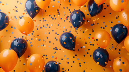 Electric blue and orange balloons on a yellow backgroundの素材