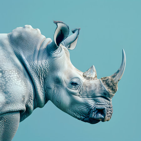Closeup of a white rhinoceros head sculpture against a blue skyの素材