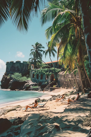 a group of people are sitting on a beach under palm treesの素材
