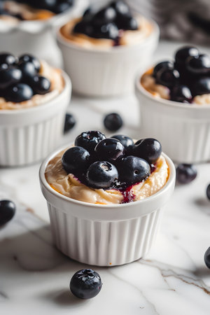 A close up of a blueberrytopped cupcake on a tableの素材