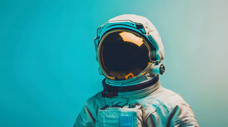 Closeup of astronauts helmet on electric blue backgroundの素材