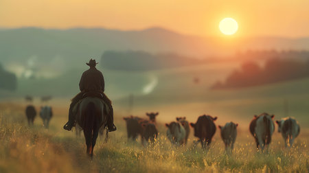 A man on a horse rides in a field with cows under the morning skyの素材