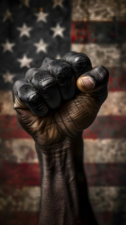 Closeup of a black fist in front of an American flagの素材