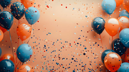 Colorful balloons and confetti scattered across the floorの素材