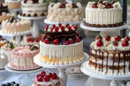 Table displaying various cakes with cake decorating supplies and ingredients