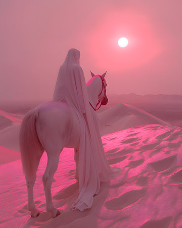 Woman in white dress riding white horse in desert under pink skyの素材