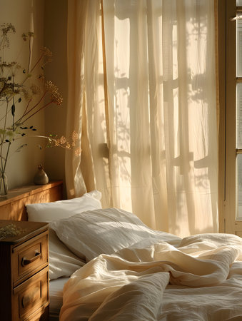 Cozy bedroom with hardwood floor, wooden bed frame, and curtains on the windowの素材