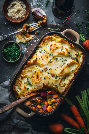 Food shepherds pie in cookware with a spoon, paired with wineの素材