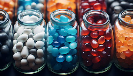 White pills on blue backgroundの素材