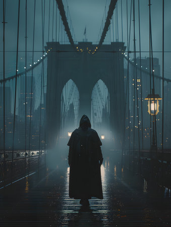 In the darkness, a figure in a hooded coat walks across the bridge in the rainの素材