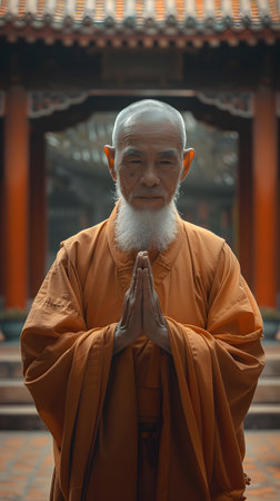 A bald elder with facial hair prays at temple, resembling a guru or bishopの素材