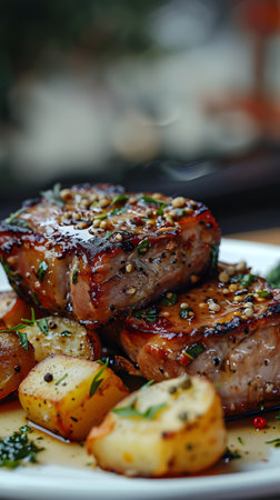 Plate with beef and potatoes, a delicious dish ready for consumptionの素材