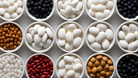 White pills on blue backgroundの素材