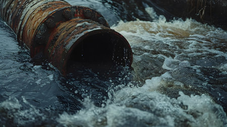 Rusty pipe releasing water into river, altering fluvial landformsの素材
