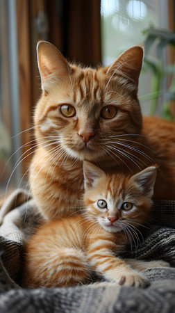 Felidae cat and small kitten rest on blanket, displaying fur and whiskersの素材