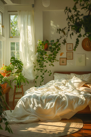 Cozy bedroom with hardwood flooring, plantfilled window, and comfortable bedの素材